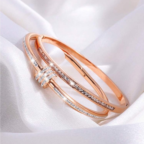 Luxe Rose Gold Stainless Steel Rhinestone Bangle Set - Picture 4 of 4